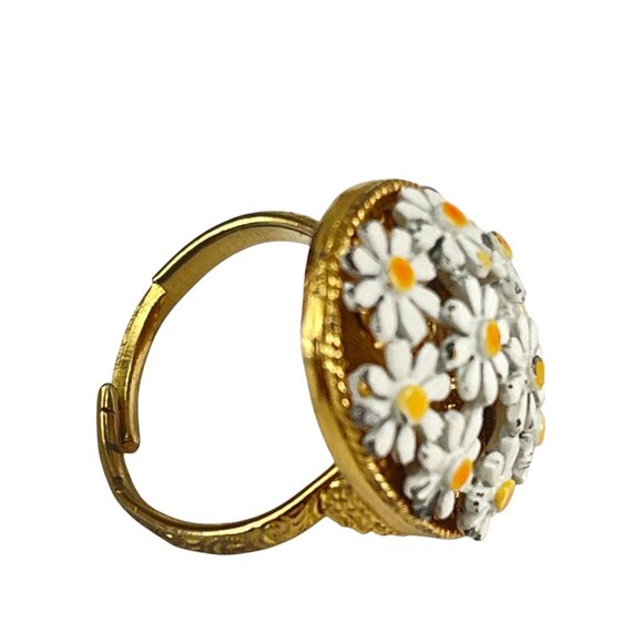 Vintage Daisy Flower Adjustable Ring Enamel Gold Tone Filigree Oval Statement - Picture 7 of 10